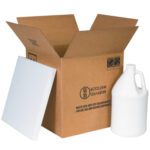 The MH-USA 12 1/4 x 12 1/4 x 12 3/4 Shipper Kit, with shipping symbols and regulatory info, contains four one-gallon jugs per kit, packaged inside an open cardboard shipping box with flaps up and includes a piece of white foam padding.