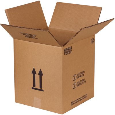 HAZCO15G.jpg An open MH-USA cardboard box, sized 12 1/8 x 12 1/8 x 13 9/16, with flaps up and upward arrow symbols next to text indicating suitability for a 1 to 5-gallon metal pail. The Haz Mat box (10/bundle) sits on a clean white background.