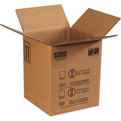 HAZCO15GP.jpg An open cardboard box marked with shipping symbols and handling instructions, designed for a 1-5 gallon plastic pail, has flaps folded outward. This MH-USA 12 1/2 x 12 1/2 x 15 1/8 Haz Mat box is ready for packing or unpacking.