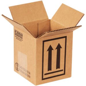 Open cardboard box with flaps slightly spread, featuring black up arrows and handling instructions for MH-USA 4 7/16 x 4 7/16 x 5 Haz Mat Boxes. The brown corrugated box comes in bundles of 25 for secure storage.