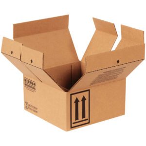 The MH-USA 9 7/16 x 9 7/16 x 5 Haz Mat box, perfect for holding four one-quart containers, features extended flaps and printed symbols like upward arrows and handling instructions. It comes in a bundle of 25 for enhanced safety.