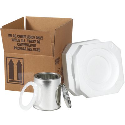 HAZFS1Q.jpg A cardboard box marked UN 4G Compliance Only When All Parts of Combination Package Are Used is beside a metal container with a lid and two white foam inserts, forming part of the MH-USA 5 1/8 x 5 1/8 x 6 3/16 - 1 Quart Foam Haz Mat Shipper Kit.