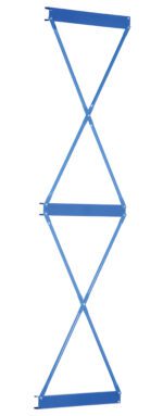 A blue, metal accordion-style gate with diamond-shaped sections resembles the robust design of a Vestil Heavy Duty Cantilever Brace Set 144 X 36, designed to expand or retract as needed.