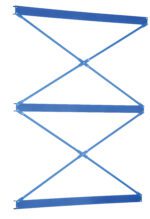 The Vestil Heavy Duty Cantilever Brace Set 144 X 84 features a blue metal frame with an X-shaped design, including horizontal and diagonal supports plus attachment points at the bar ends, ideal for additional component support or connection.