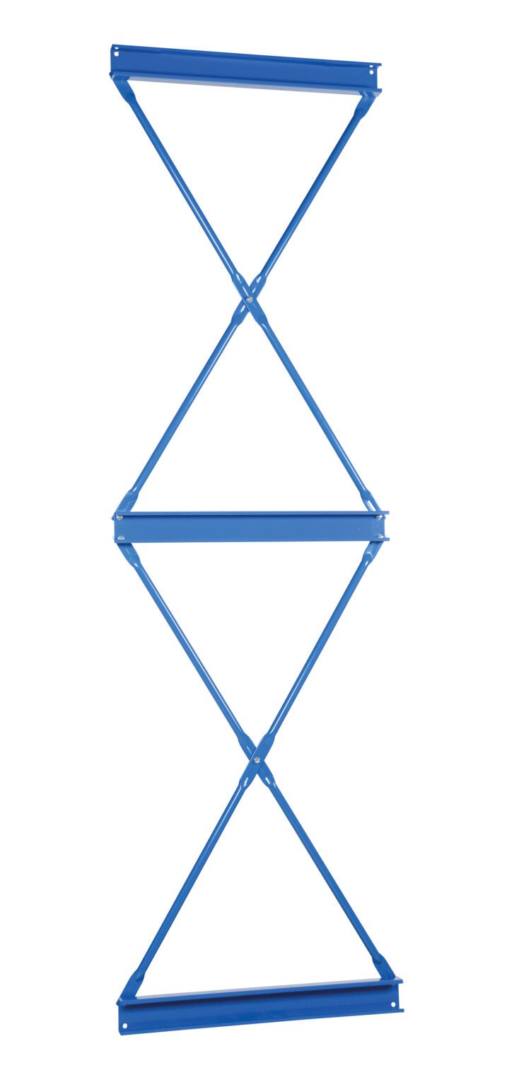 HB-C-14-8_A.jpg A blue scaffold cross brace, resembling the Vestil Heavy Duty Cantilever Brace Set 144 X 96, features an X-shaped pattern with two interlocking steel bars for stabilizing scaffolding, set against a plain white background.