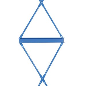A blue scaffold cross brace, resembling the Vestil Heavy Duty Cantilever Brace Set 144 X 96, features an X-shaped pattern with two interlocking steel bars for stabilizing scaffolding, set against a plain white background.