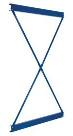 The Vestil Heavy Duty Cantilever Brace Set 96 X 72, featuring a blue metal X-shaped frame, is commonly used for support. It consists of two intersecting diagonal beams secured by horizontal beams at each end, displayed against a plain white background.