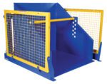 The blue industrial bin features a sloped design with a sturdy metal frame, yellow safety bars, and mesh panels. Its robust construction is akin to the Vestil Electric/Hydr Box Dumper 2K 36 In Dump H, ensuring both durability and efficiency.