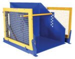 The blue/yellow Industrial safety cage with mesh panels and horizontal bar is perfect for equipment protection. Its sturdy metal frame and secure fastening integrate seamlessly with the Vestil Electric/Hydr Box Dumper 4K 36 In Dump H.