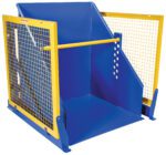 A Vestil Electric/Hydr Box Dumper 4K 48 In Dump H is a blue metal container with yellow mesh sides and front, featuring a horizontal bar and slanted back, designed for industrial or storage use.