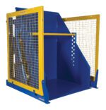 The Vestil Box Dumper features a blue industrial design with yellow mesh safety guards, a flat loading platform, and a lever handle, prioritizing safety and functionality.