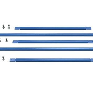 The Vestil Structural Cantilever Brace Set 36 X 144 includes five horizontal blue metal bars, each with a small bracket at the end. It also comes with 12 screws, divided into sets of three at both the top left and bottom left.