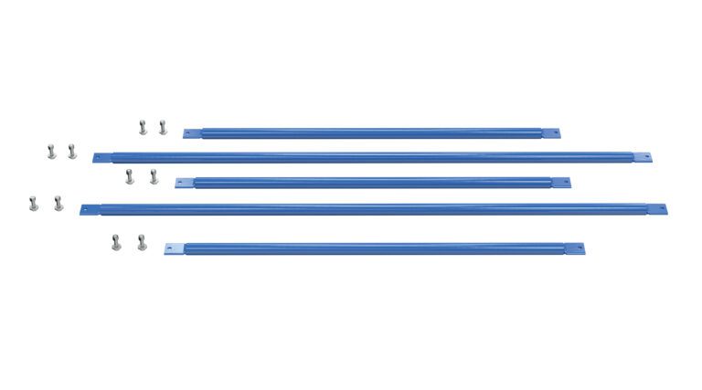 Five Vestil Structural Cantilever Brace Set 48 X 144 blue metal bars, each with holes at both ends, are laid out on a white background. Several small silver bolts are scattered around them.