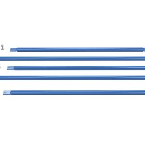 Five Vestil Structural Cantilever Brace Set 48 X 144 blue metal bars, each with holes at both ends, are laid out on a white background. Several small silver bolts are scattered around them.