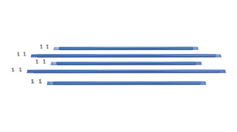 The Vestil Structural Cantilever Brace Set 60 X 144 displays four aligned blue metal bars with twelve small screws, all on a white background.