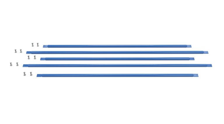 Four long blue metal rails are aligned horizontally against a white background, with small silver screws nearby, resembling the Vestil Structural Cantilever Brace Set 72 X 144 for strong support and stability.