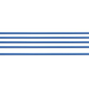 Four long blue metal rails are aligned horizontally against a white background, with small silver screws nearby, resembling the Vestil Structural Cantilever Brace Set 72 X 144 for strong support and stability.