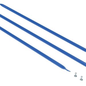 Three blue plastic rods with pointed ends, like a Vestil Structural Cantilever Brace Set 36 X 96, are aligned parallel. Six small screws are beside the rods—three at each end. The background is plain white.