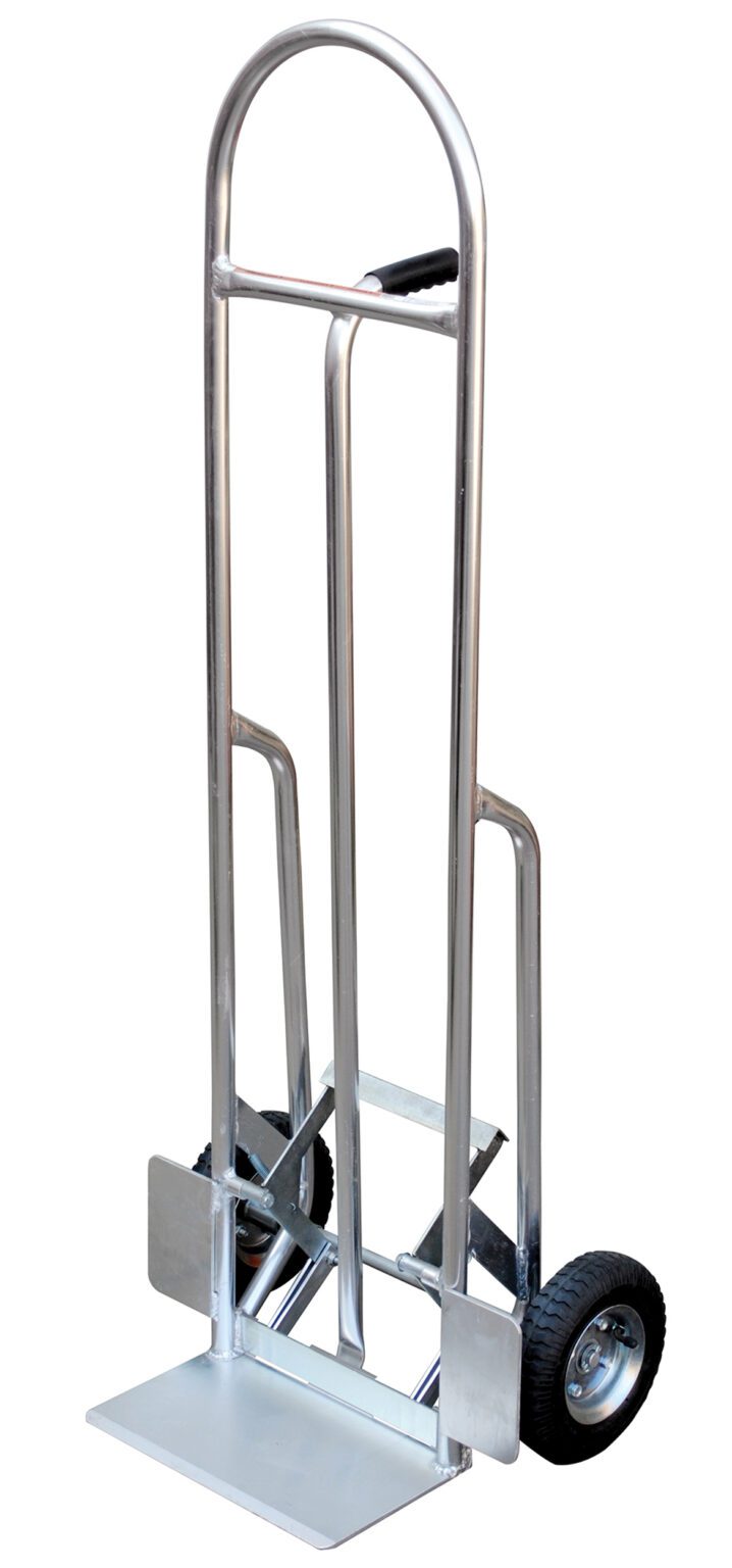 HBST-500_A.jpg The Vestil High Back Aluminum Hand Truck 300 Lb Cap features a silver frame, two wheels, a curved handle, and a sturdy flat base plate, expertly crafted for transporting up to 300 lbs of heavy objects with ease.