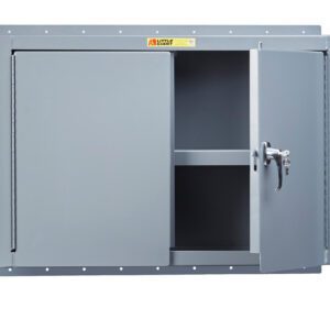 The Little Giant Heavy-Duty Welded Steel Wall Storage Cabinet is a gray, rectangular unit with a slightly ajar door revealing an interior shelf. It has a key lock on the handle and displays a yellow label at the top.