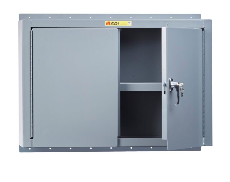 The Little Giant Heavy-Duty Welded Steel Wall Storage Cabinet is a gray, rectangular unit with a slightly ajar door revealing an interior shelf. It has a key lock on the handle and displays a yellow label at the top.