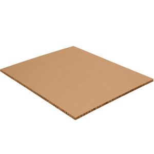 A brown MH-USA 40 x 48 x 1/2 Honeycomb Sheet from an 80/skid set is angled against a white background, highlighting its corrugated texture along the edges.