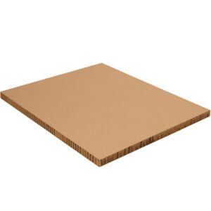 A thick, brown corrugated sheet stands angled against a white background, with prominent layer edges, resembling the durable MH-USA 40 x 48 x 2 Honeycomb Sheets (20/Skid).