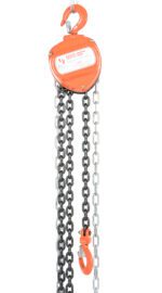 The Vestil Manual Chain Hoist 1K Capacity 10 Ft is orange and heavy-duty, featuring an upper hook and multiple long black chains with an orange hook for lifting. Specifications are visible on its label.