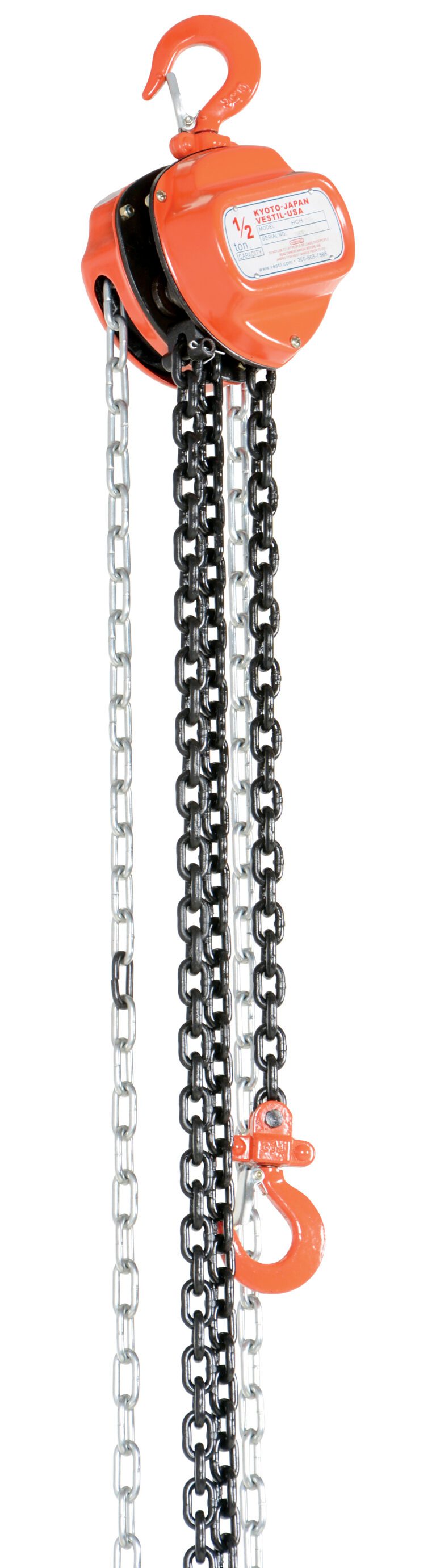 HCH-1-20_A.jpg The Vestil Manual Chain Hoist 1K Capacity 20 Ft features an orange casing, a red hook at the top, and black-and-silver chains extending to 20 ft. It is equipped with a lower red hook ideal for lifting tasks.