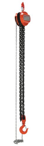 The Vestil Manual Chain Hoist 10K Capacity 10 Ft, available in red, features a long metal chain with an attached hook for lifting heavy objects and includes a labeled control unit at the top.