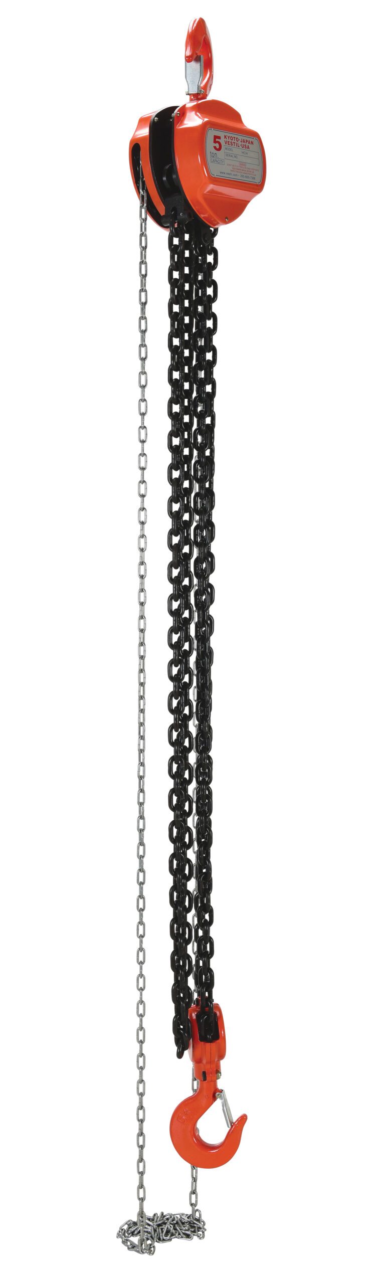 The Vestil Manual Chain Hoist 10K Capacity 10 Ft, available in red, features a long metal chain with an attached hook for lifting heavy objects and includes a labeled control unit at the top.