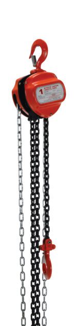 The Vestil Manual Chain Hoist 2K Capacity 10 Ft features a sturdy design for industrial use, a red frame, large hooks at each end, and dual chain lengths for lifting and pulling. Its clear body label ensures easy identification for efficient operation.