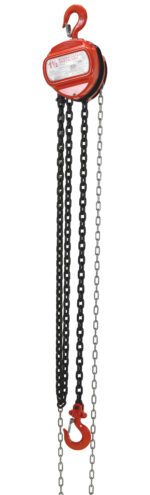 The Vestil Manual Chain Hoist 3K Capacity 10 Ft features a vibrant red body, long black and silver chains, a sturdy top hook for secure hanging, and an additional red hook at the chains end to facilitate efficient lifting.