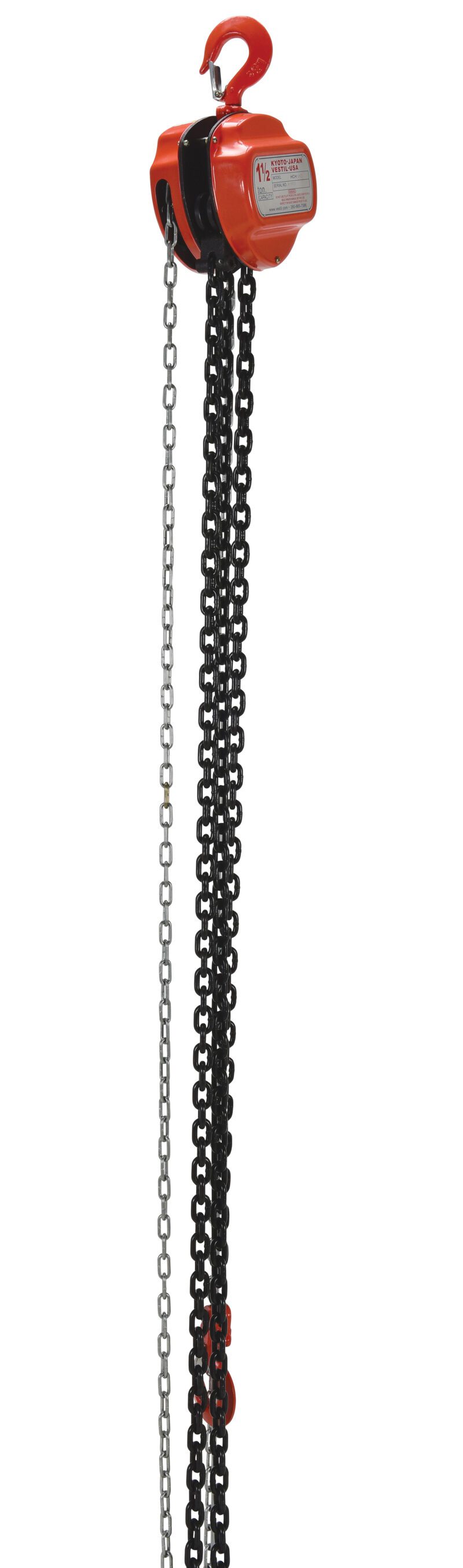 The Vestil Manual Chain Hoist, with a 3K capacity and 20 ft long black and silver chains, features a durable hook ideal for lifting heavy loads. Its red industrial design makes it perfect for construction or workshop use.