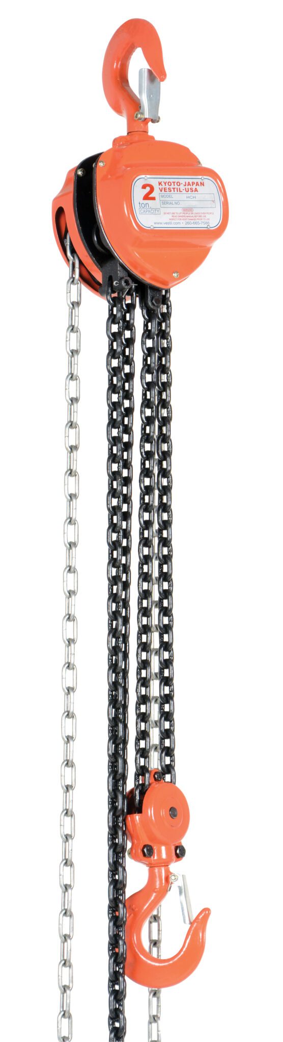 HCH-4-20_A.jpg The Vestil Manual Chain Hoist 4K Capacity 20 Ft has a strong orange design, black chains for smooth lifting, and sturdy metal construction, supporting a 4K load with a 20 ft reach for reliability in heavy-duty tasks.