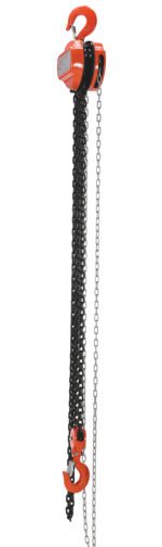 The Vestil Manual Chain Hoist, with a 6K capacity and 10 Ft reach, features a durable hook, a long black chain, and a shorter silver one. Its orange and black design ensures effortless heavy lifting with vertical alignment.