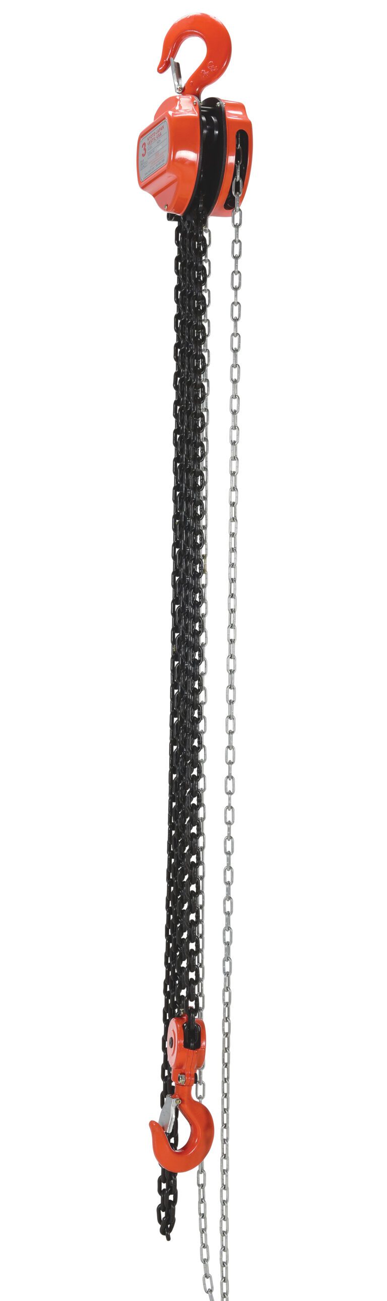 The Vestil Manual Chain Hoist, with a 6K capacity and 10 Ft reach, features a durable hook, a long black chain, and a shorter silver one. Its orange and black design ensures effortless heavy lifting with vertical alignment.
