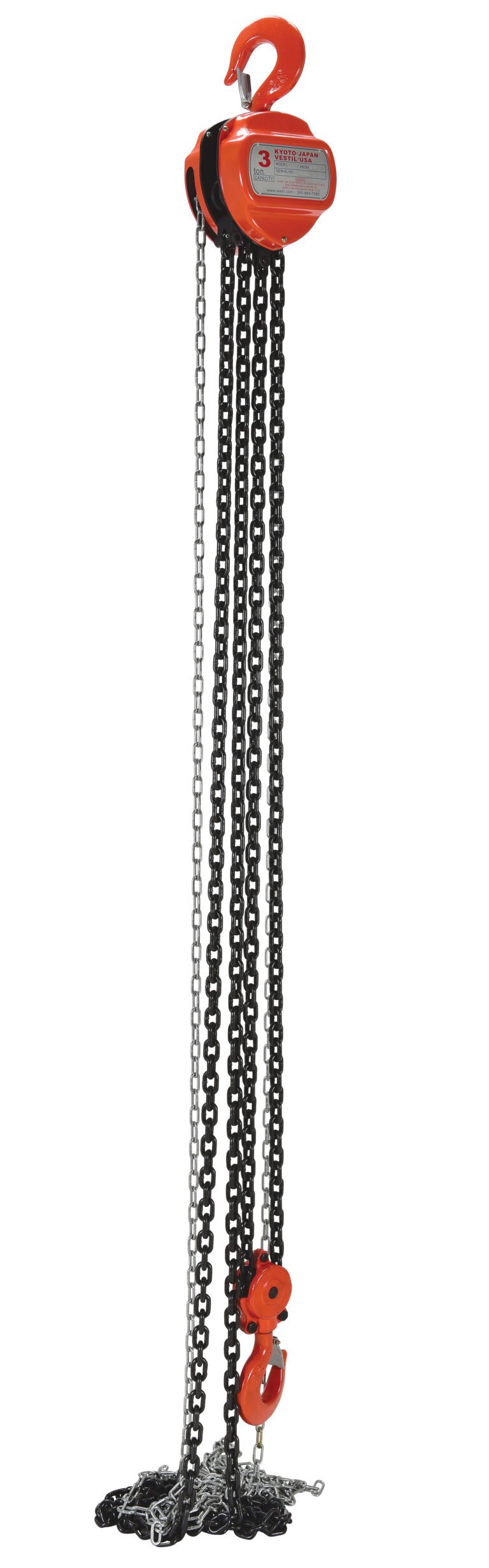 The Vestil Manual Chain Hoist features an industrial orange and black design, supporting a 6K capacity and a 15-ft reach. It includes a top hook and lengthy chains ending in another hook, ideal for lifting heavy items effortlessly.