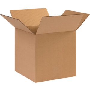 The open cardboard box, marked MH-USA 10 x 10 x 10 Heavy-Duty Boxes (25/Bundle), sits with flaps extended on a plain white background. Angled to display its sturdy interior and texture, the brown box highlights its durability.