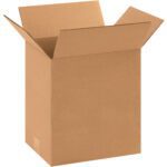 A light brown, corrugated open cardboard box with flaps extended stands upright is part of the MH-USA 11 1/4 x 8 3/4 x 10 Heavy-Duty Boxes (25/Bundle), offering durability and optimal storage solutions.