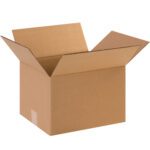 A plain white background highlights an open MH-USA 12 x 10 x 8 heavy-duty cardboard box from the 25/Bundle package. Its flaps turned outward reveal a robust corrugated interior, ideal for sturdy packing needs.