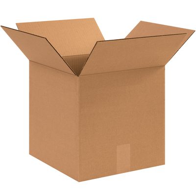 HD1212.jpg An open MH-USA 12 x 12 x 12 heavy-duty box from a bundle of 25 stands upright, partially unfolded against a white background, showcasing its sturdy corrugated texture.