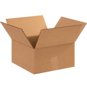 An open MH-USA 12 x 12 x 6 Heavy-Duty Box from a 25-bundle pack, with flaps folded outward, appears empty against a plain white background. It is made of brown corrugated cardboard.