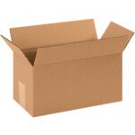 A brown, open cardboard box labeled MH-USA 12 x 6 x 6 Heavy-Duty Boxes (25/Bundle) stands against a white background, showcasing its upright flaps and empty interior.