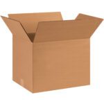 A sturdy MH-USA 14 x 10 x 10 heavy-duty cardboard box, folded outward and appearing empty, rests against a plain white background. Sold in bundles of 25, it is perfect for storage or shipping.