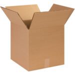 An unfurled MH-USA 14 x 14 x 14 double wall box sits against a white background, showcasing its sturdy brown design with a clear tape along the bottom edge. Sold in bundles of fifteen.