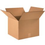 An open, empty MH-USA 15 x 15 x 10 Double Wall Box with extended flaps rests on a plain white background. This sturdy box features a light brown color with no visible markings.