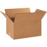 A brown cardboard box with extended flaps stands against a white background. Named MH-USA 16 x 12 x 10 Double Wall Boxes (15/Bundle), it boasts a sturdy design perfect for durability even when empty, ready for its next use.