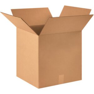 A brown cardboard MH-USA 16 x 16 x 16 Heavy-Duty Box sits empty with outward-folded flaps against a plain white background.