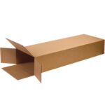 A long rectangular MH-USA 18 x 6 x 45 side loading box, in brown with partially open flaps, lies flat on a white background.